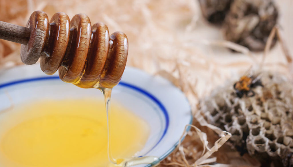 Plate of honey with honeycombs