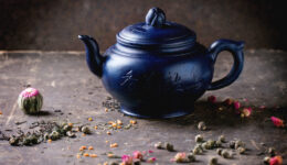 Teapot and tea leaves