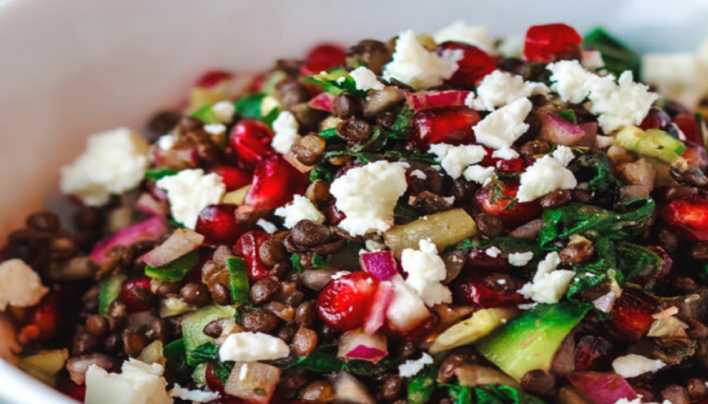 brown-lentil-chard-pomegranate-salad