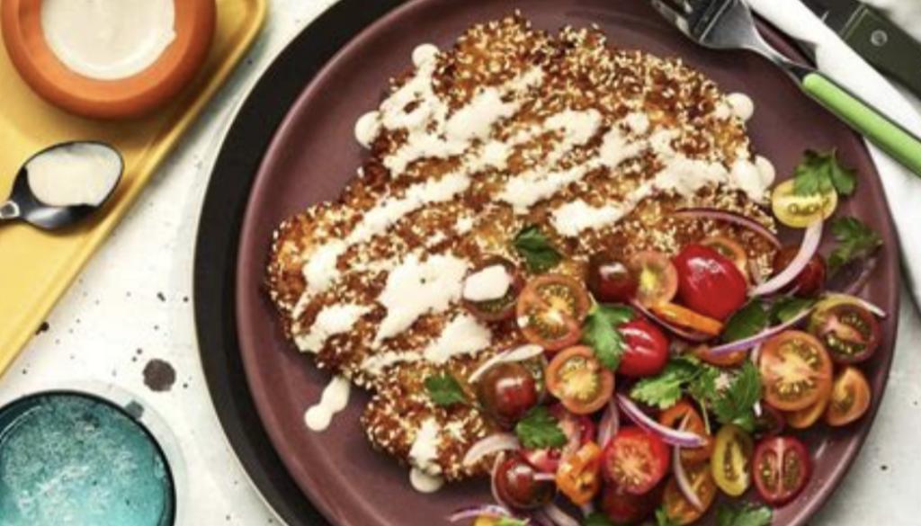 Crispy Sesame Chicken Cutlets with Tomato Salad and Tahini