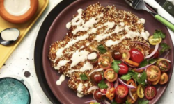 Crispy Sesame Chicken Cutlets with Tomato Salad and Tahini
