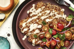 Crispy Sesame Chicken Cutlets with Tomato Salad and Tahini