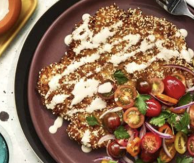 Crispy Sesame Chicken Cutlets with Tomato Salad and Tahini